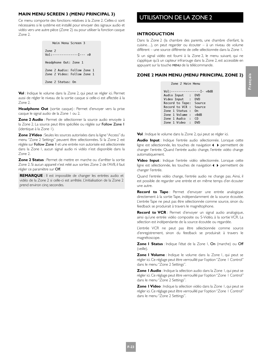 Arcam AV8 manual Utilisation DE LA Zone, Main Menu Screen 3 Menu Principal, Zone 2 Main Menu Menu Principal Zone 