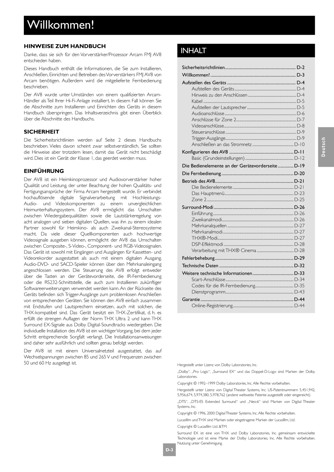 Arcam AV8 manual Willkommen, Inhalt, Hinweise ZUM Handbuch, Sicherheit, Einführung 