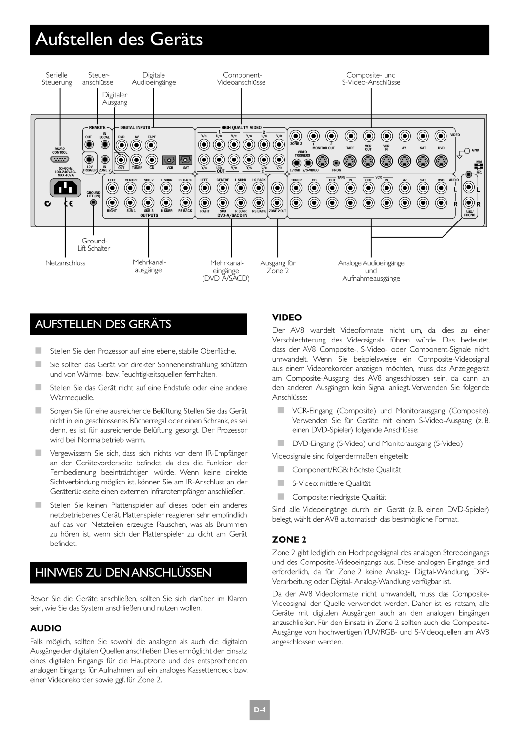 Arcam AV8 manual Aufstellen des Geräts, Aufstellen DES Geräts, Hinweis ZU DEN Anschlüssen, Serielle Steuer Digitale 