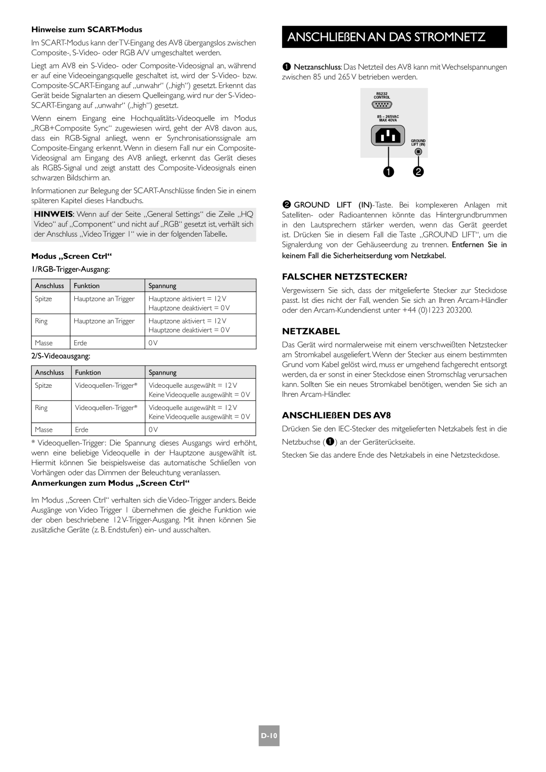 Arcam AV8 manual Falscher NETZSTECKER?, Netzkabel, Hinweise zum SCART-Modus, Modus „Screen Ctrl 