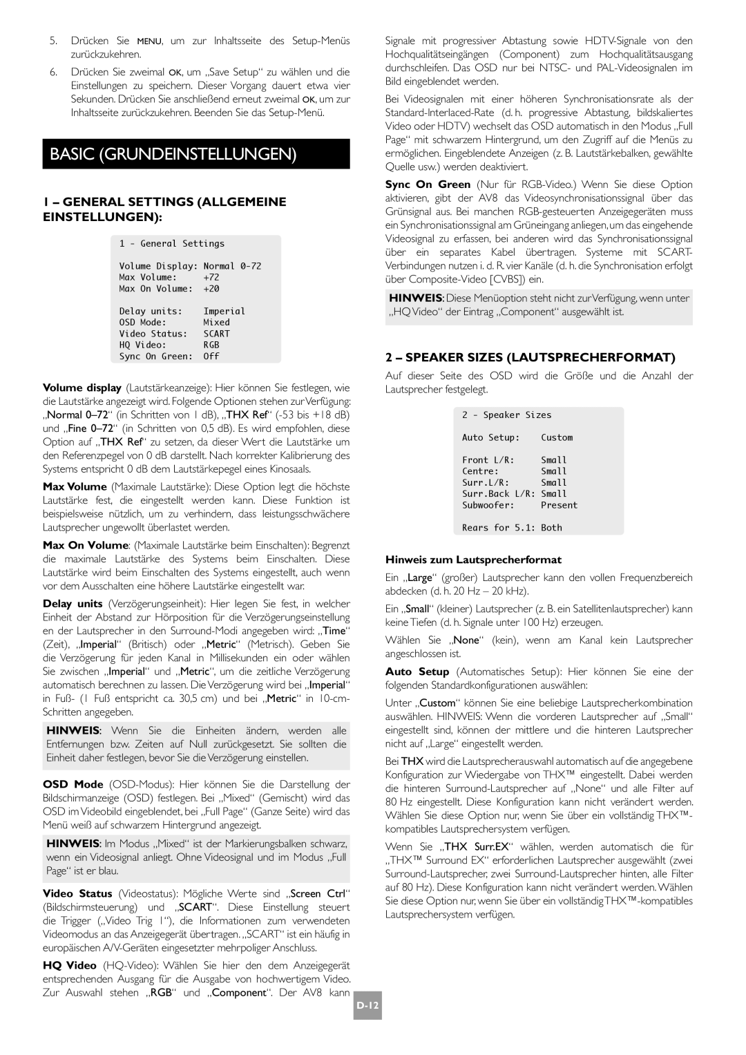 Arcam AV8 manual Basic Grundeinstellungen, General Settings Allgemeine Einstellungen, Speaker Sizes Lautsprecherformat 