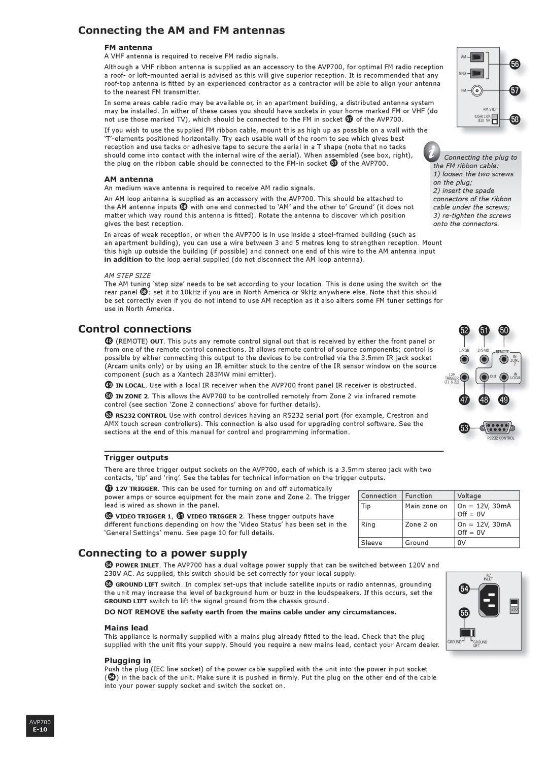 Arcam AVP700 manual Connecting the AM and FM antennas, Control connections, Connecting to a power supply 