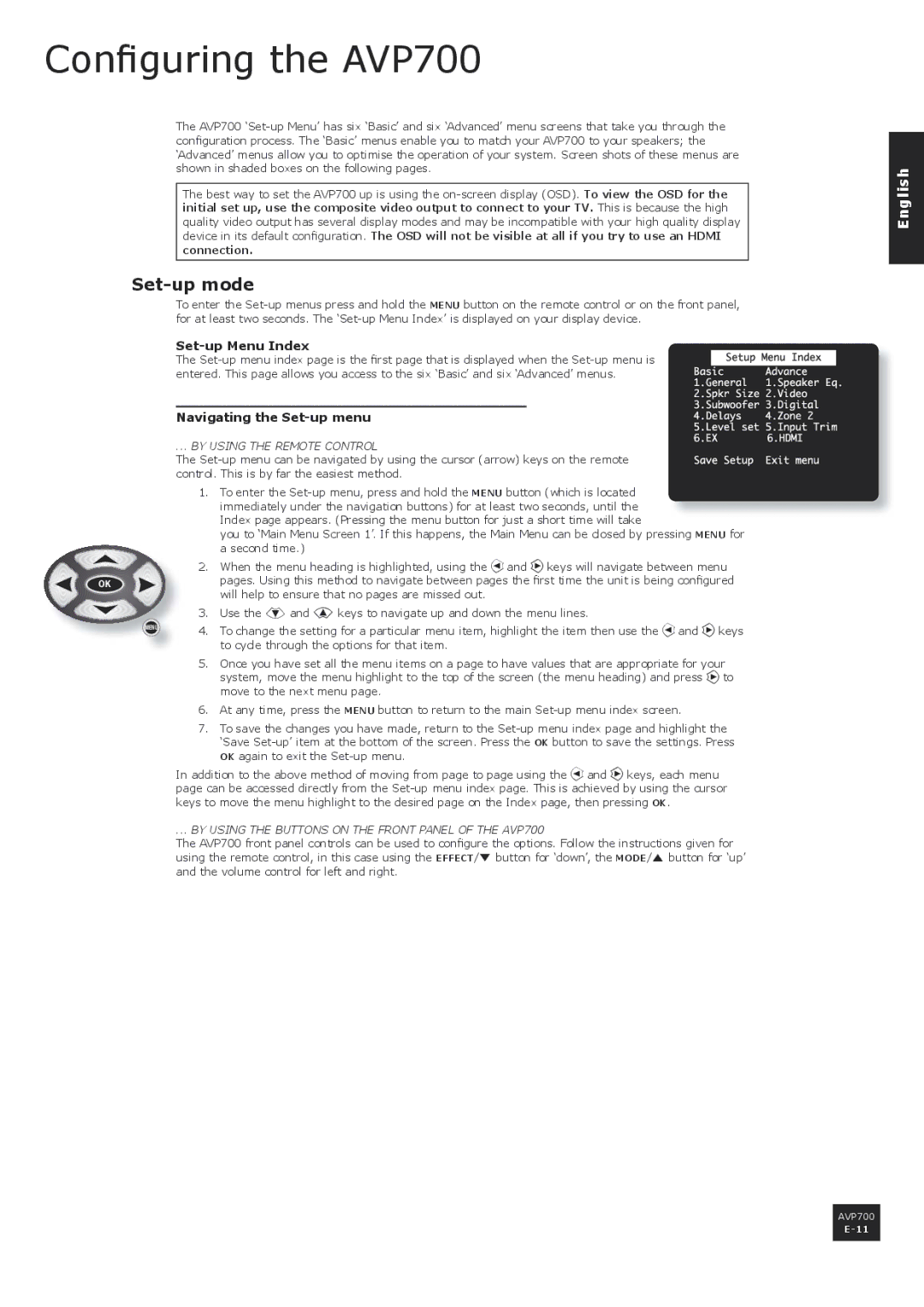 Arcam manual Configuring the AVP700, Set-up mode, Set-up Menu Index, Navigating the Set-up menu 