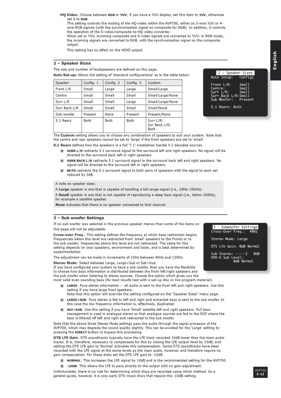 Arcam AVP700 manual Speaker Sizes, Sub woofer Settings, Surr L/R Small Large 