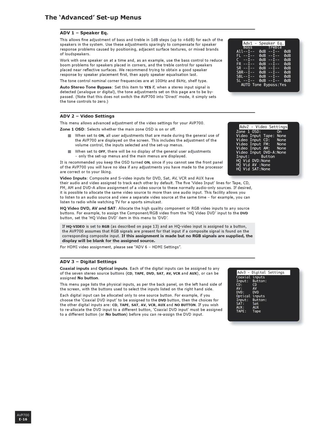 Arcam AVP700 manual ‘Advanced’ Set-up Menus, ADV 1 Speaker Eq, ADV 2 Video Settings, ADV 3 Digital Settings 