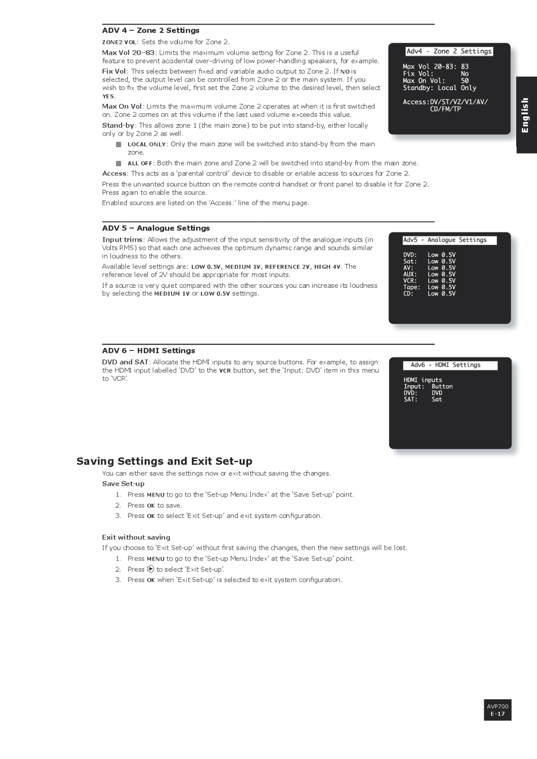 Arcam AVP700 manual Saving Settings and Exit Set-up, ADV 4 Zone 2 Settings, ADV 5 Analogue Settings, ADV 6 Hdmi Settings 