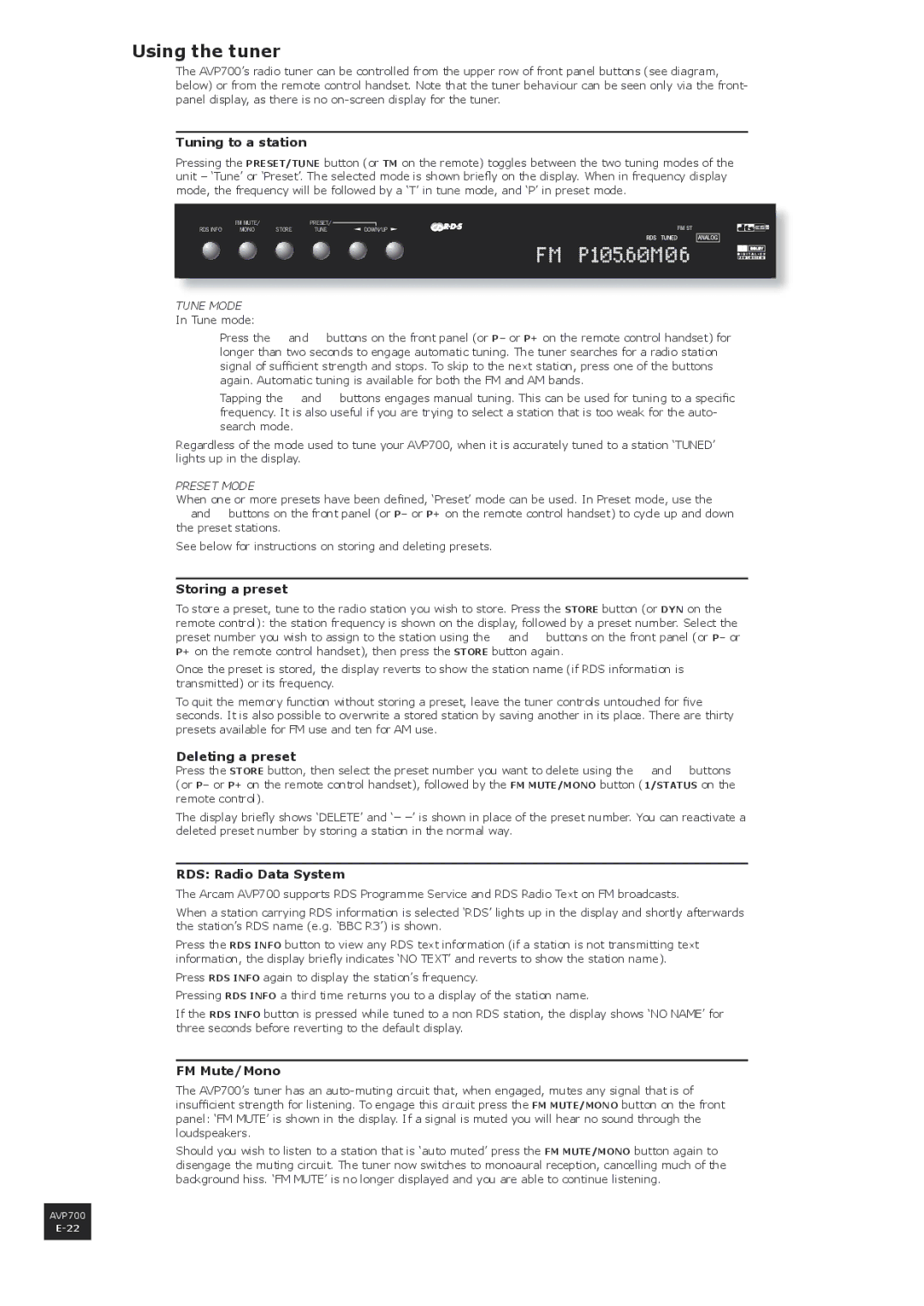 Arcam AVP700 manual Using the tuner 