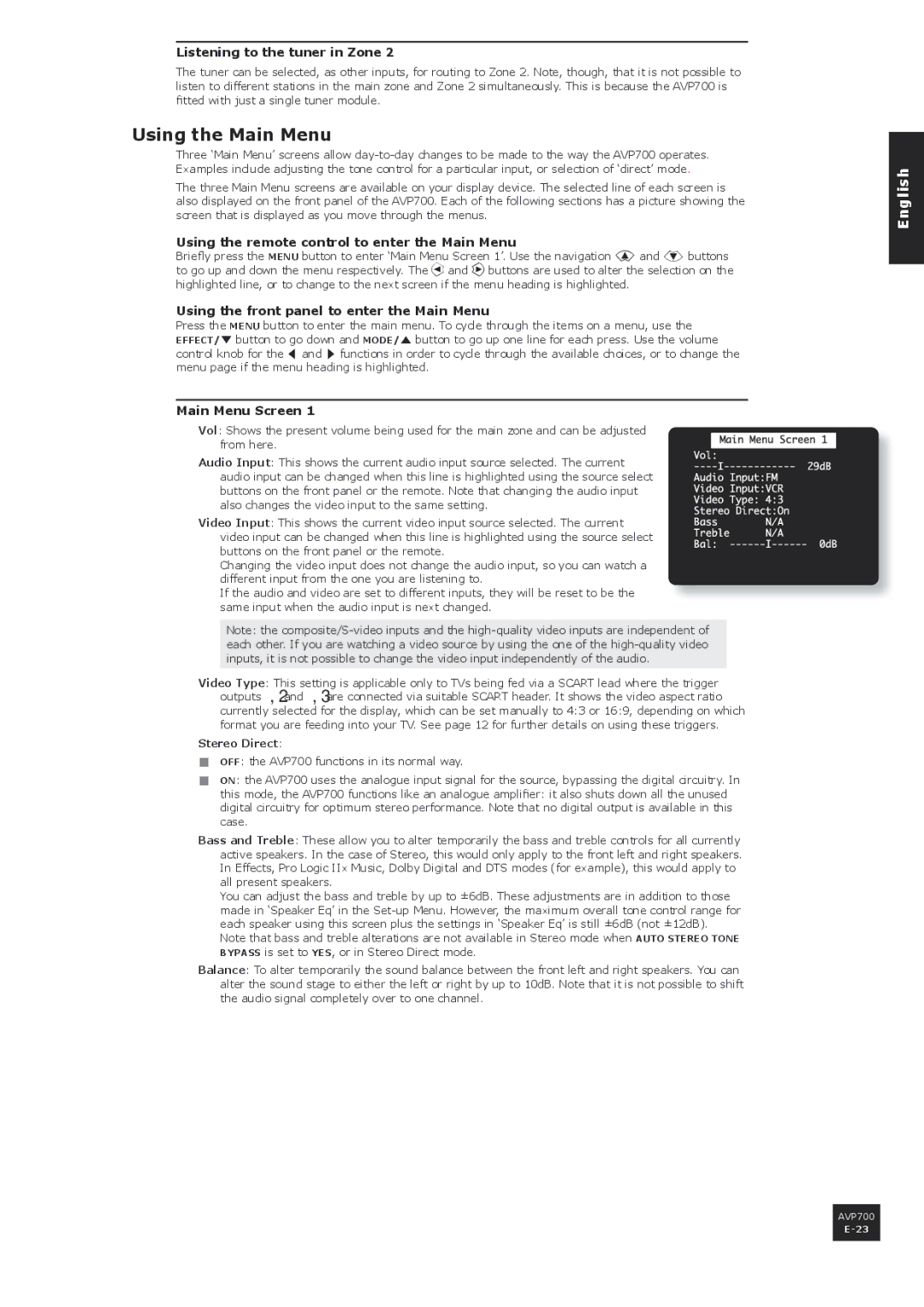 Arcam AVP700 manual Using the Main Menu, Listening to the tuner in Zone, Using the remote control to enter the Main Menu 