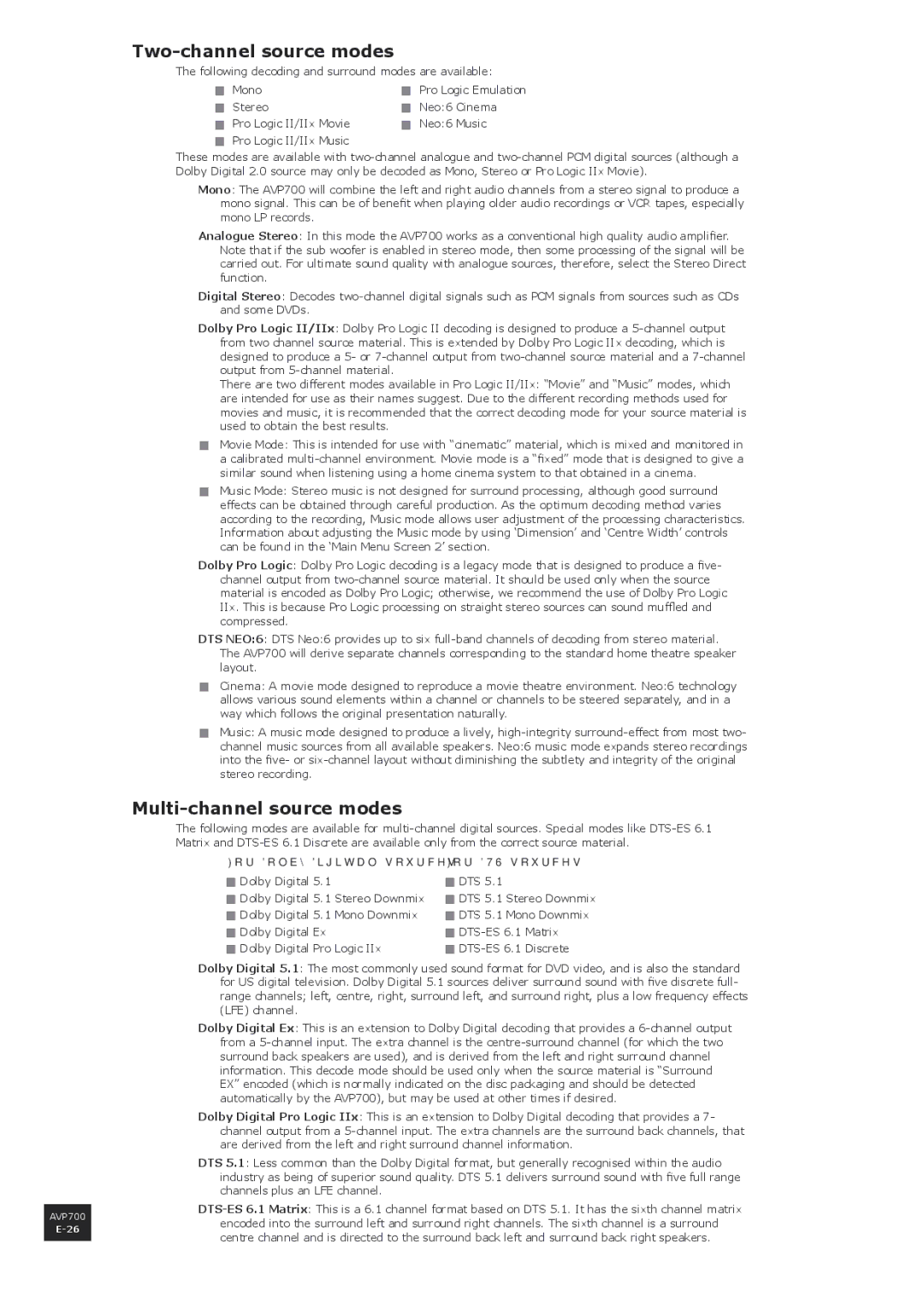 Arcam AVP700 manual Two-channel source modes, Multi-channel source modes 