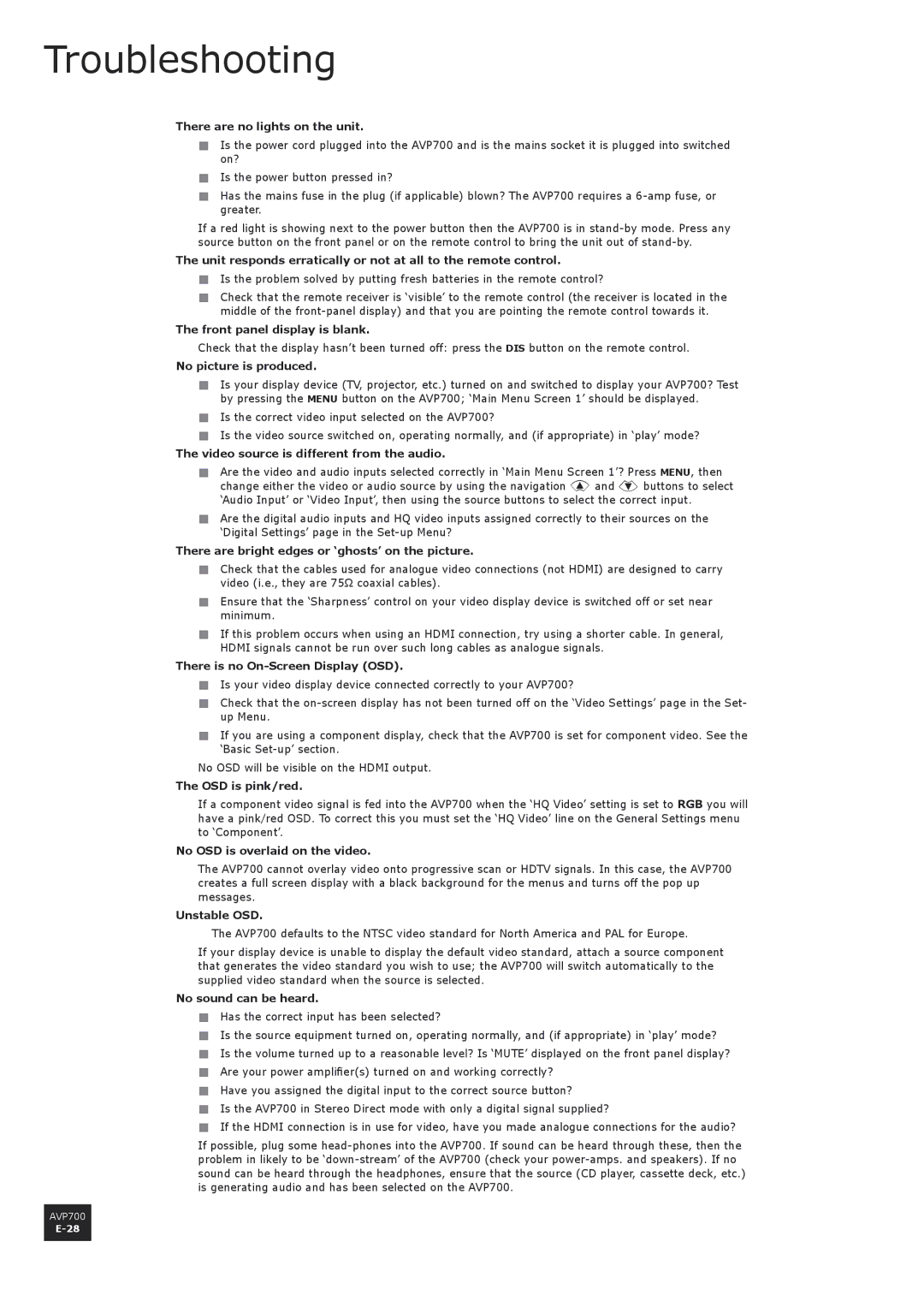 Arcam AVP700 manual Troubleshooting 