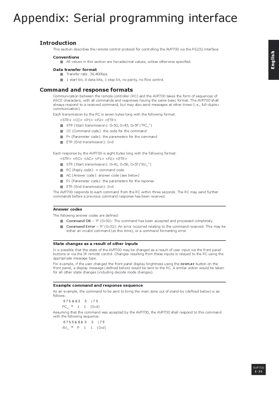 Arcam AVP700 manual Appendix Serial programming interface, Command and response formats 