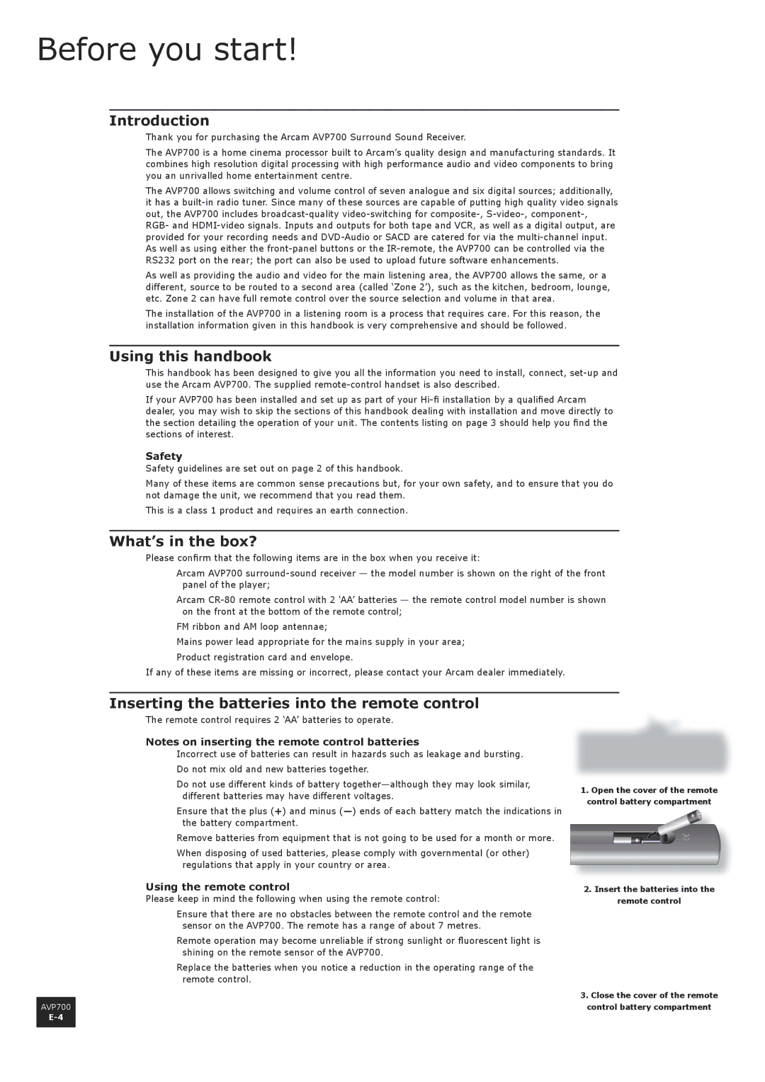 Arcam AVP700 manual Before you start, Introduction, Using this handbook, What’s in the box? 