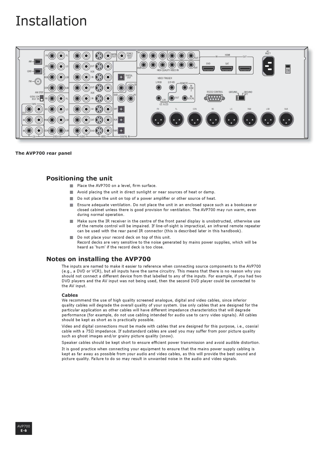 Arcam manual Installation, Positioning the unit, AVP700 rear panel, Cables 