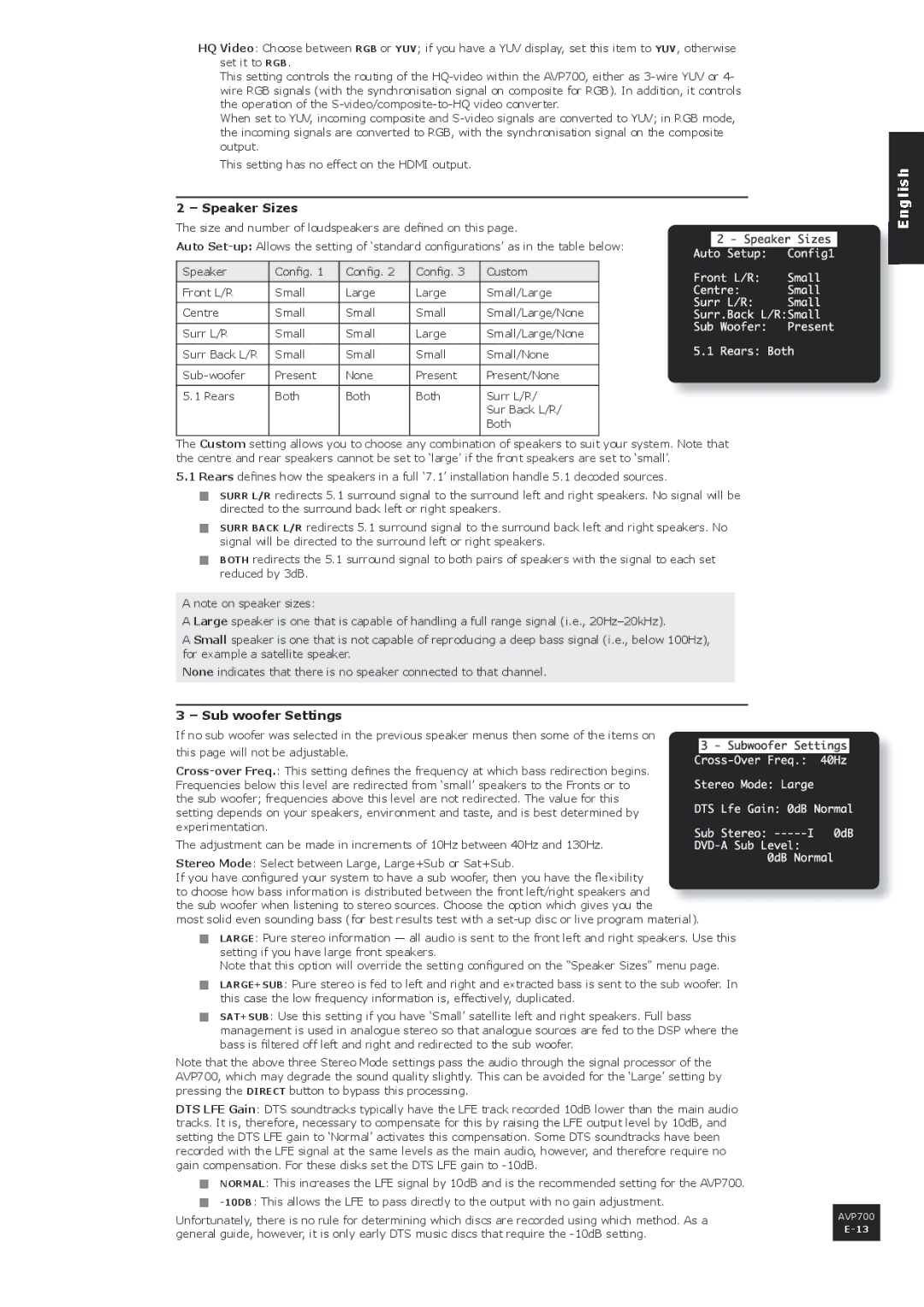 Arcam AVP700 manual Speaker Sizes, Sub woofer Settings, Surr L/R Small Large 