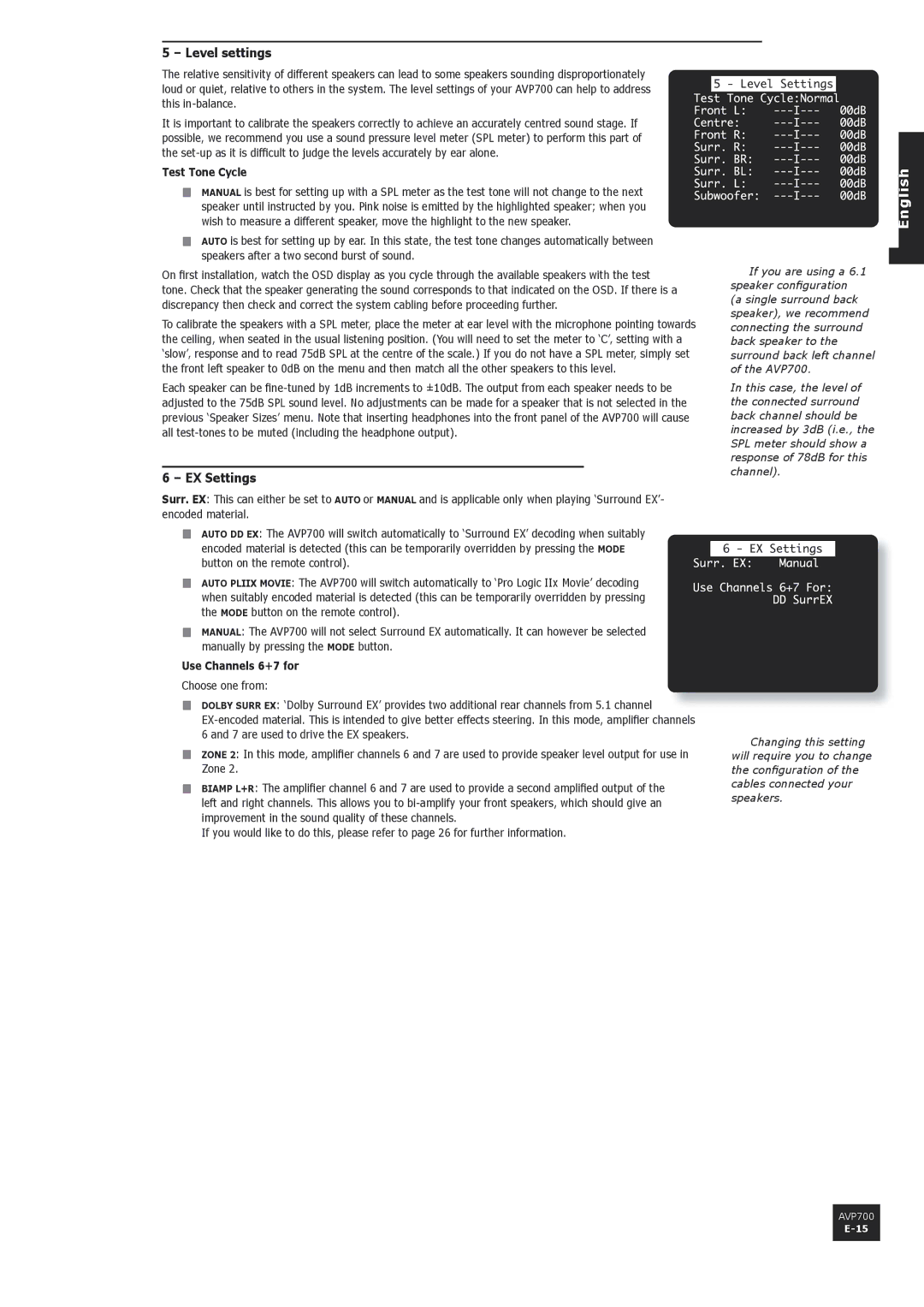 Arcam AVP700 manual Level settings, EX Settings 