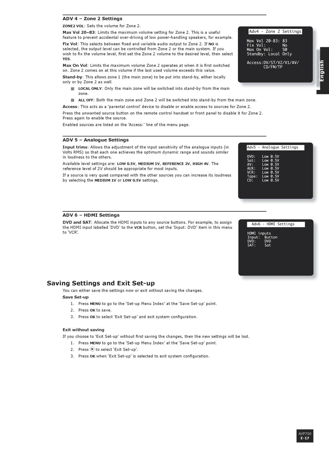 Arcam AVP700 manual Saving Settings and Exit Set-up, ADV 4 Zone 2 Settings, ADV 5 Analogue Settings, ADV 6 Hdmi Settings 