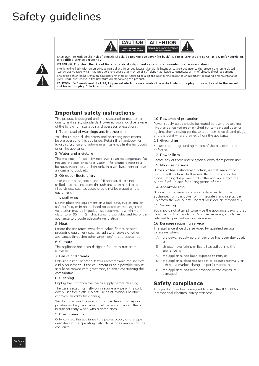 Arcam AVP700 manual Safety guidelines, Important safety instructions, Safety compliance 