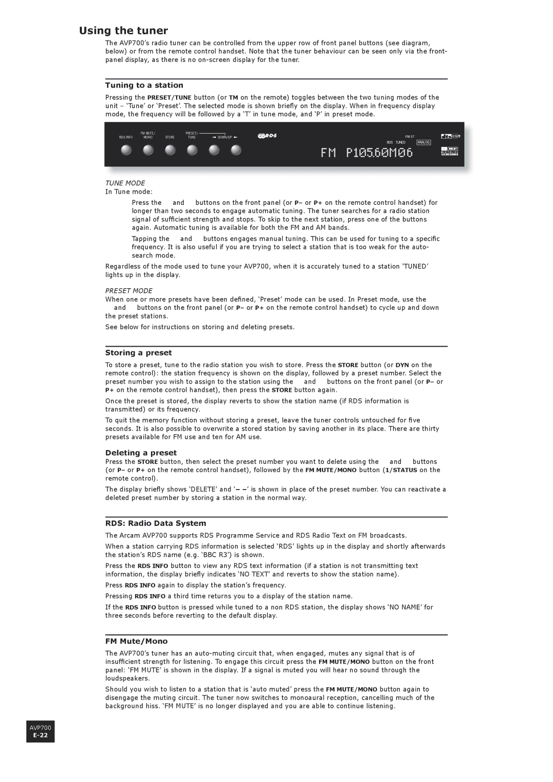 Arcam AVP700 manual Using the tuner 