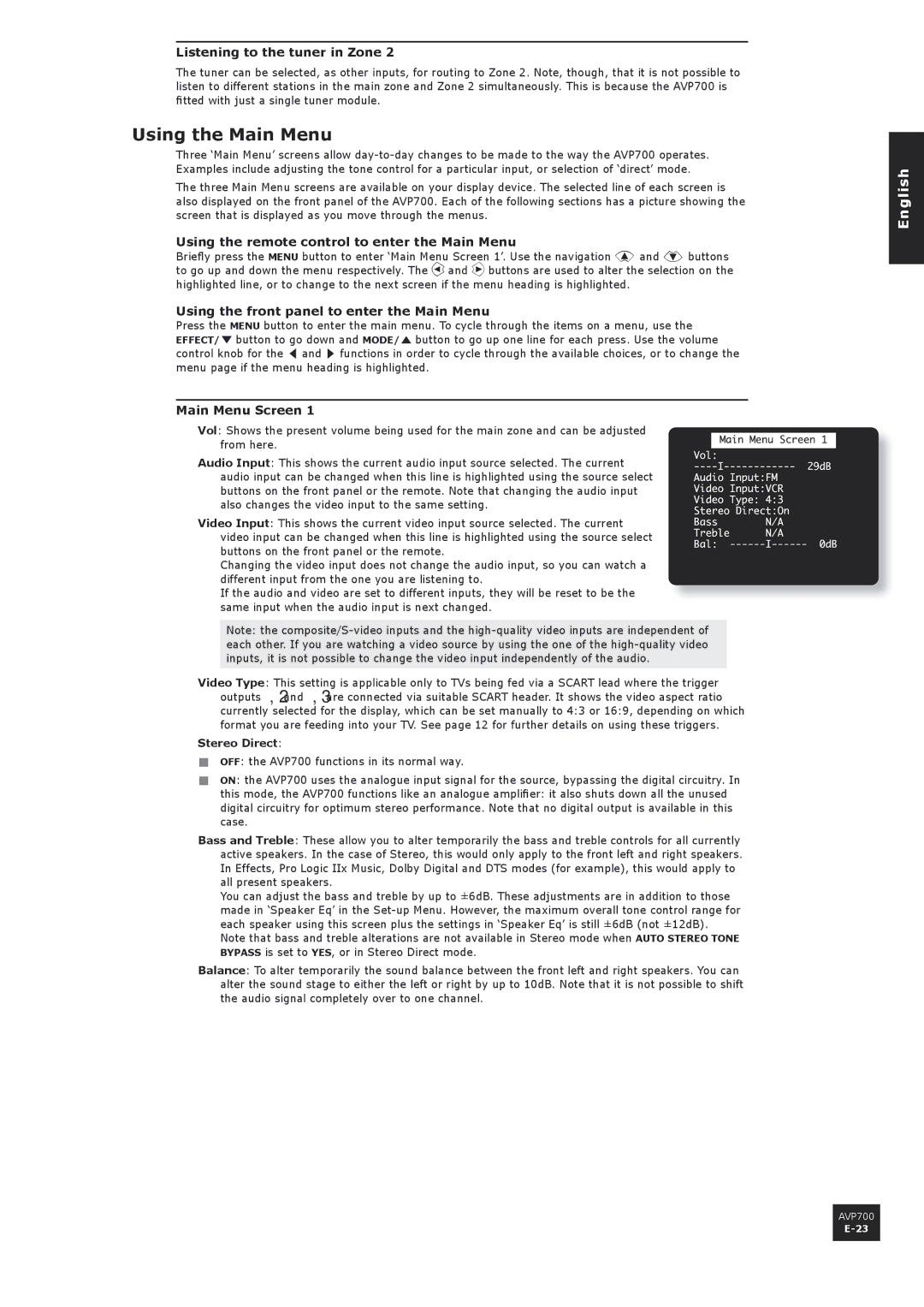 Arcam AVP700 manual Using the Main Menu, Listening to the tuner in Zone, Using the remote control to enter the Main Menu 