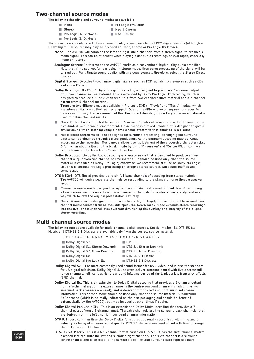 Arcam AVP700 manual Two-channel source modes, Multi-channel source modes 