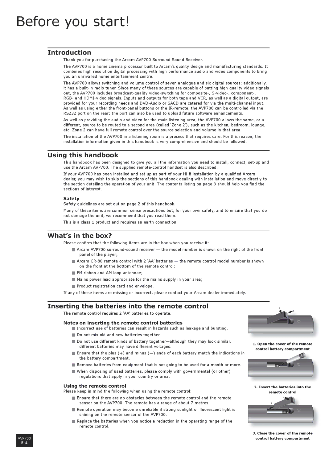 Arcam AVP700 manual Before you start, Introduction, Using this handbook, What’s in the box? 