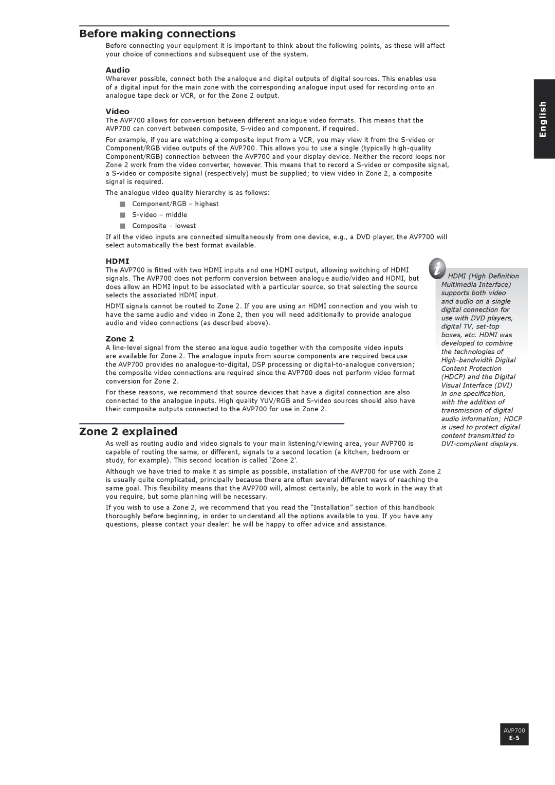 Arcam AVP700 manual Before making connections, Zone 2 explained, Audio, Video 