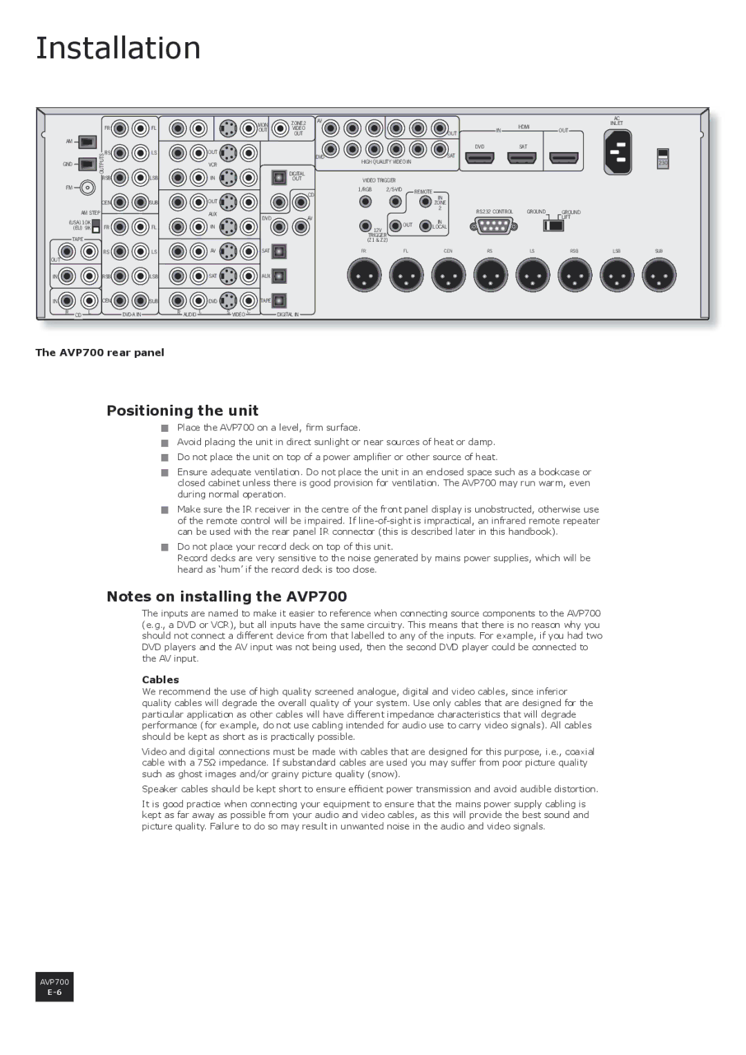 Arcam manual Installation, Positioning the unit, AVP700 rear panel, Cables 