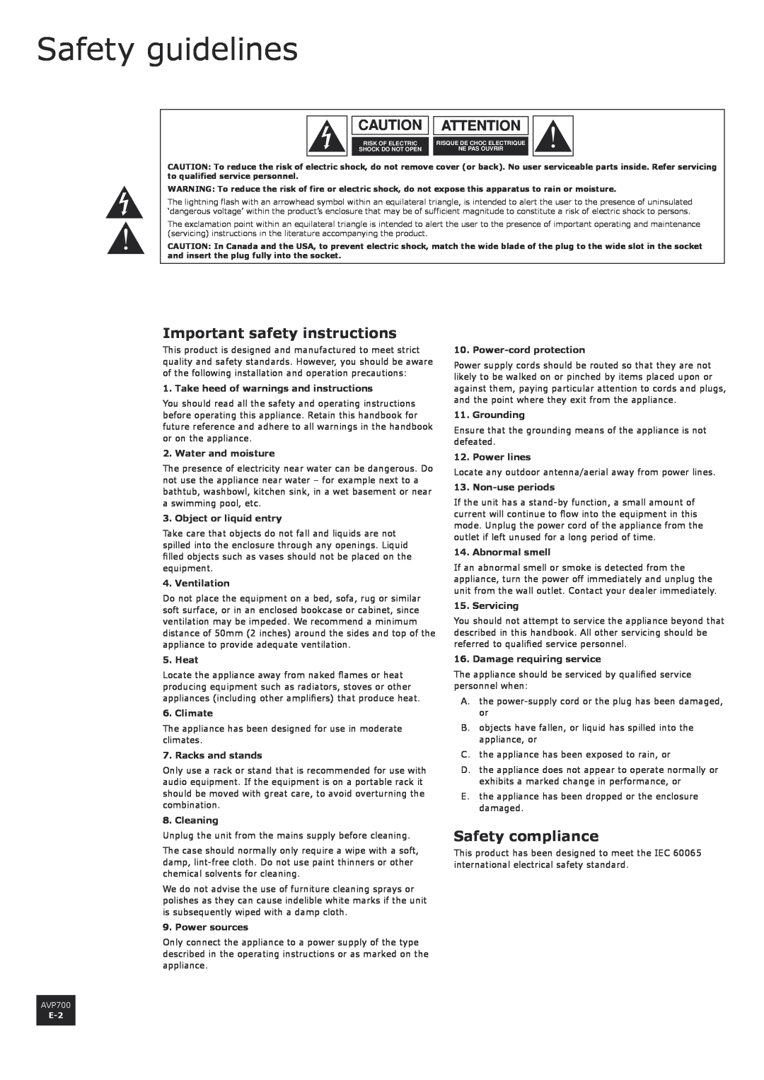 Arcam AVP700 manual Safety guidelines, Important safety instructions, Safety compliance, Caution Attention 