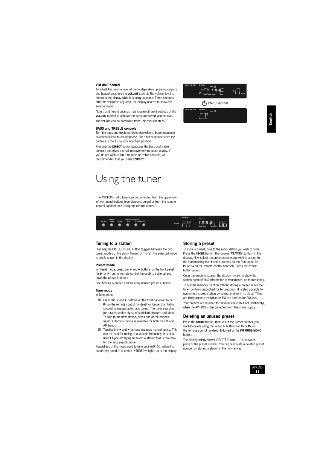 Arcam AVR100 manual Using the tuner, Tuning to a station, Storing a preset, Deleting an unused preset 