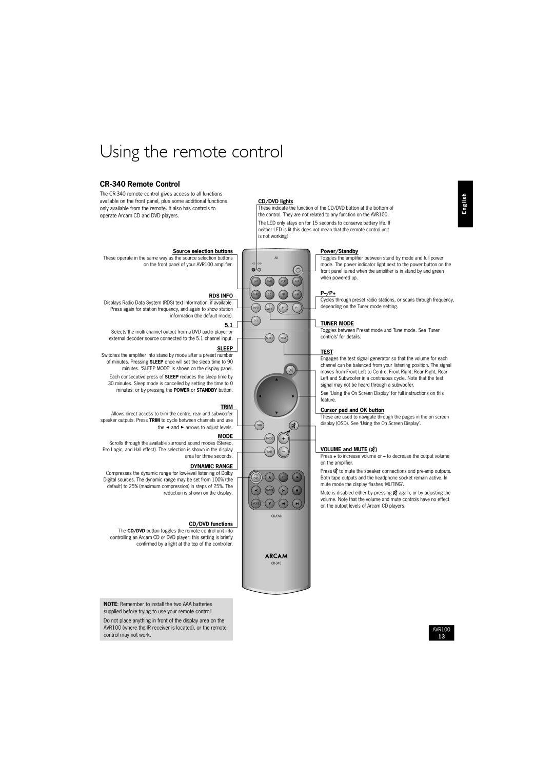 Arcam AVR100 manual Using the remote control, CR-340 Remote Control 