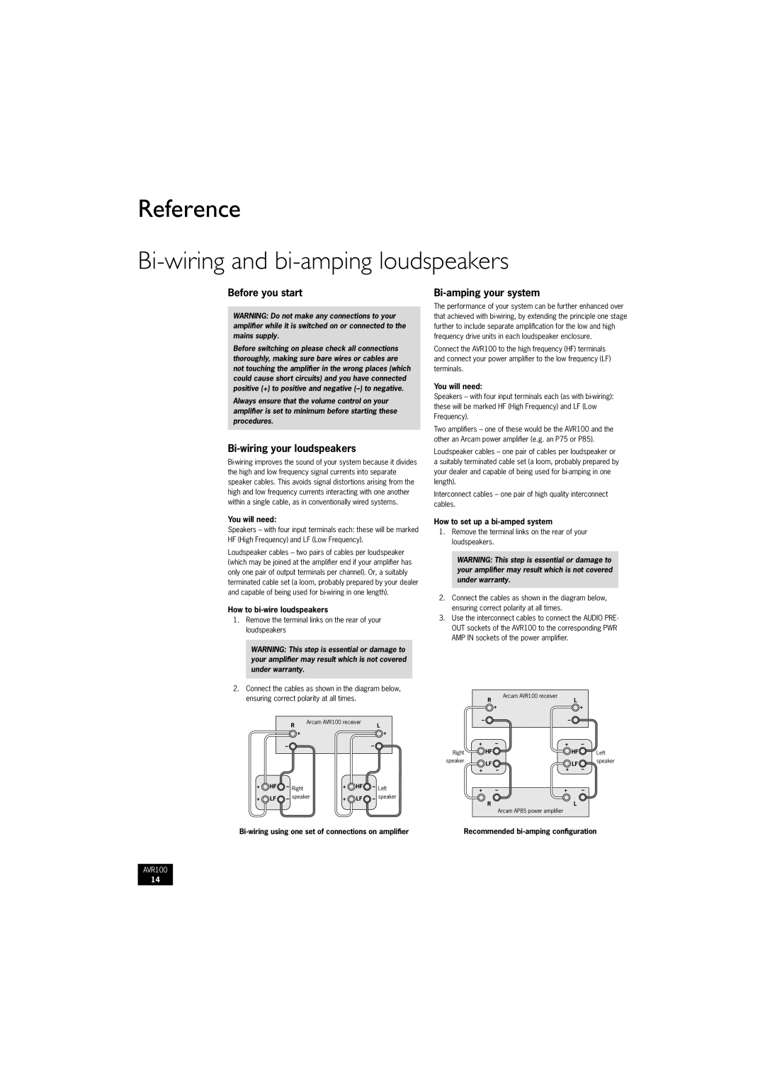 Arcam AVR100 manual Reference Bi-wiring and bi-amping loudspeakers, Before you start, Bi-wiring your loudspeakers 