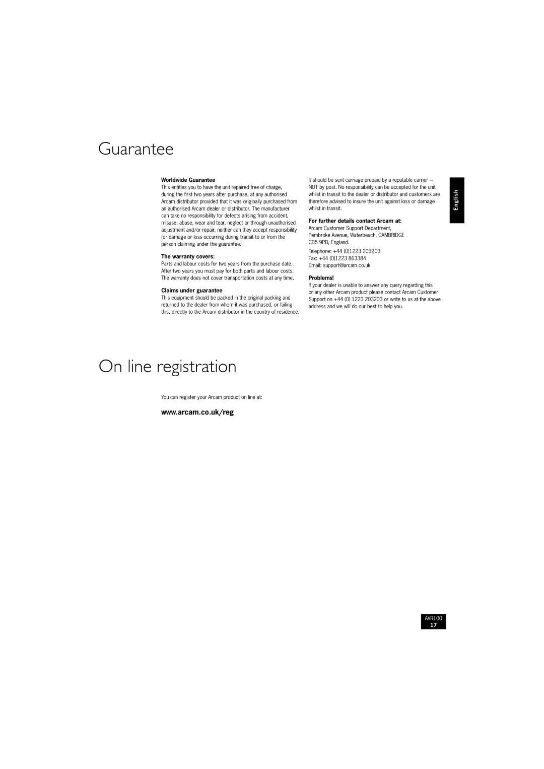 Arcam AVR100 manual Guarantee, On line registration 