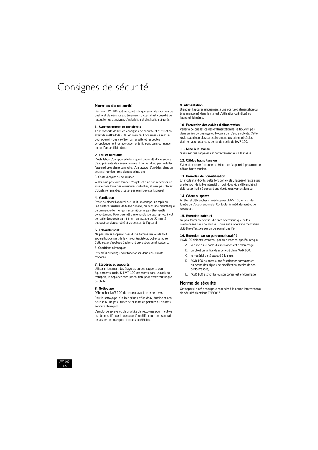 Arcam AVR100 manual Consignes de sécurité, Normes de sécurité, Norme de sécurité 