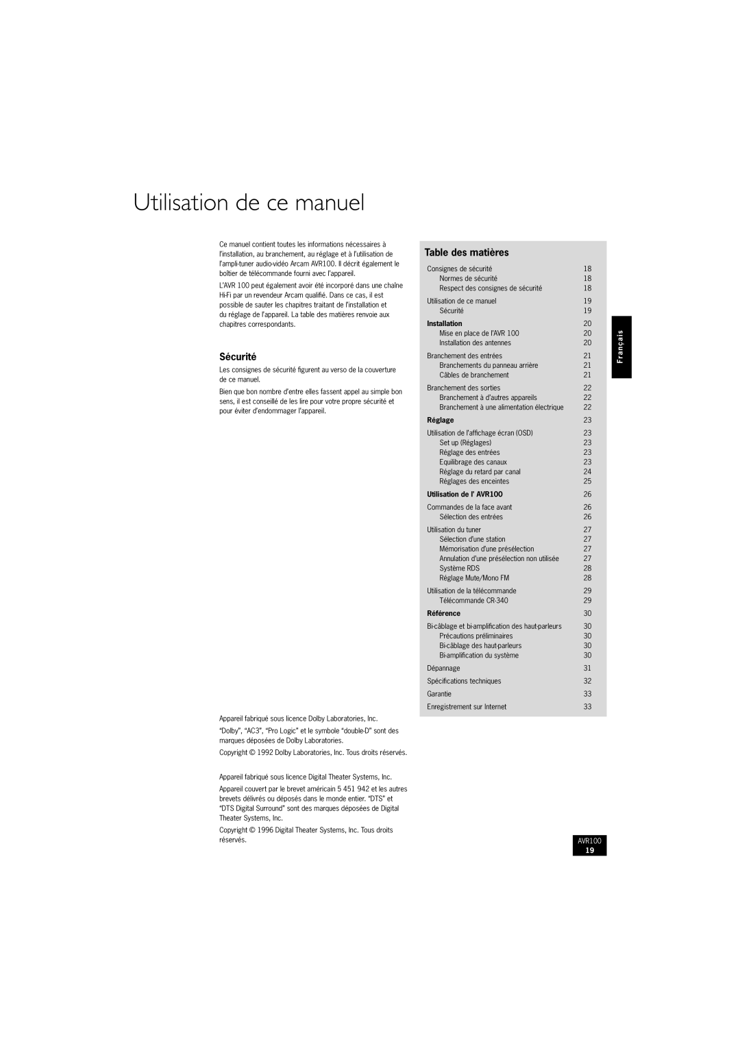 Arcam AVR100 manual Utilisation de ce manuel, Sécurité, Table des matières 