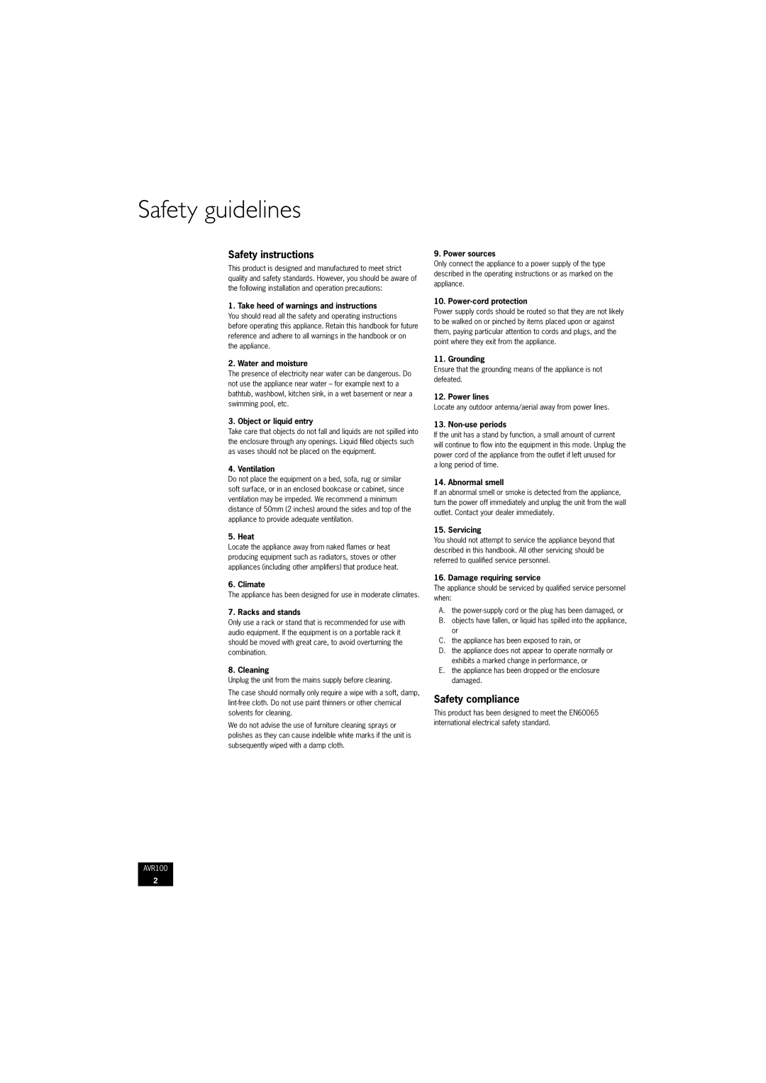 Arcam AVR100 manual Safety guidelines, Safety instructions, Safety compliance 