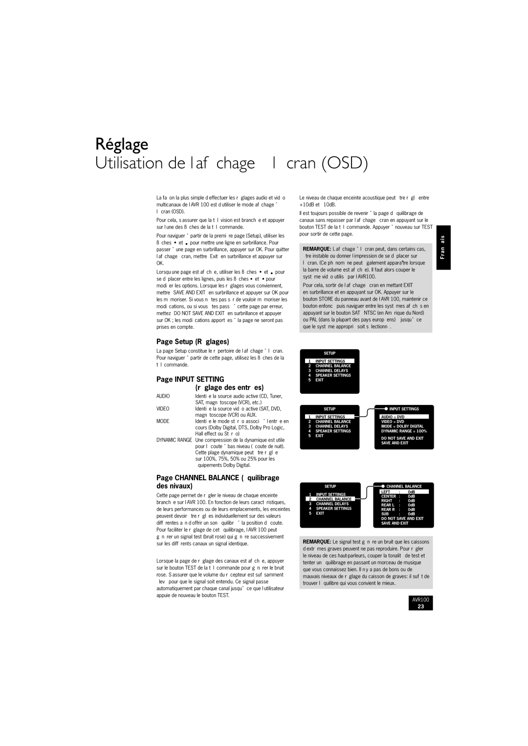 Arcam AVR100 manual Réglage Utilisation de l’afﬁchage à l’écran OSD, Setup Réglages, Input Setting Réglage des entrées 