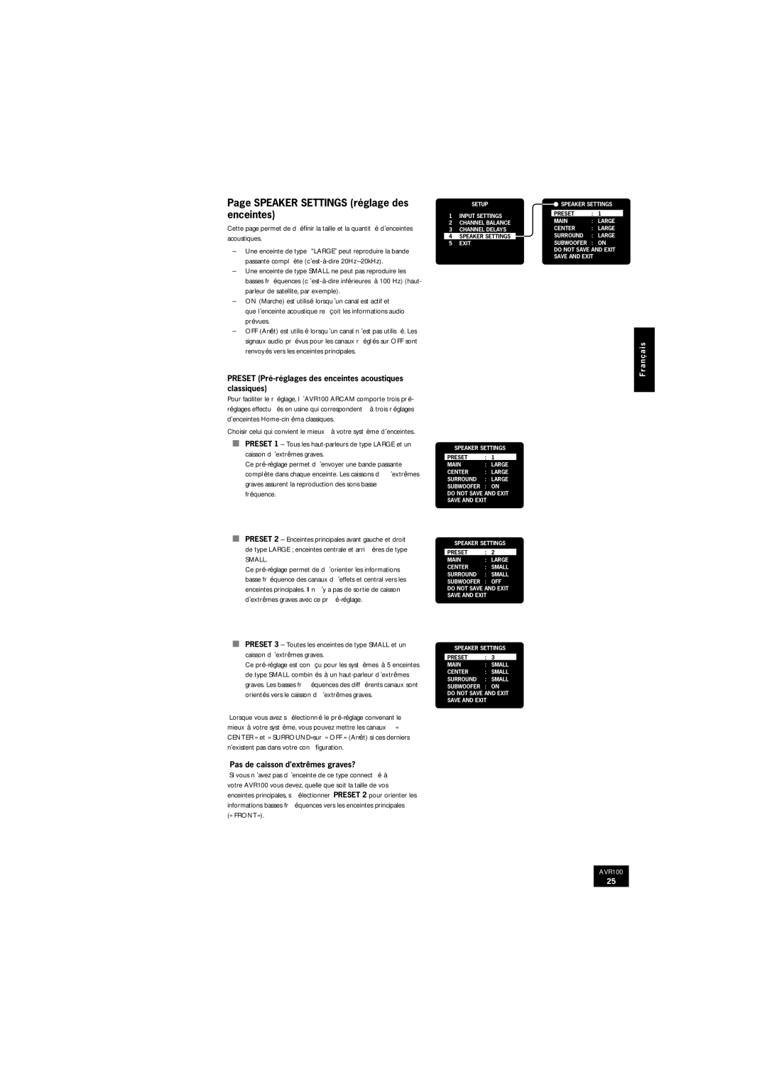 Arcam AVR100 manual Speaker Settings réglage des enceintes, Preset Pré-réglages des enceintes acoustiques classiques 