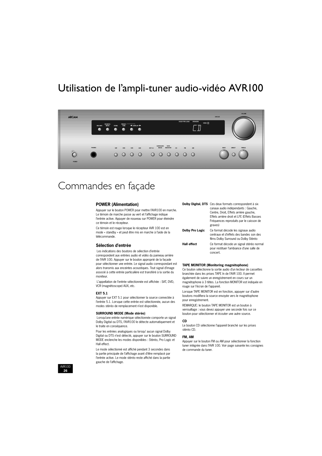 Arcam AVR100 manual Commandes en façade, Power Alimentation, Sélection d’entrée 