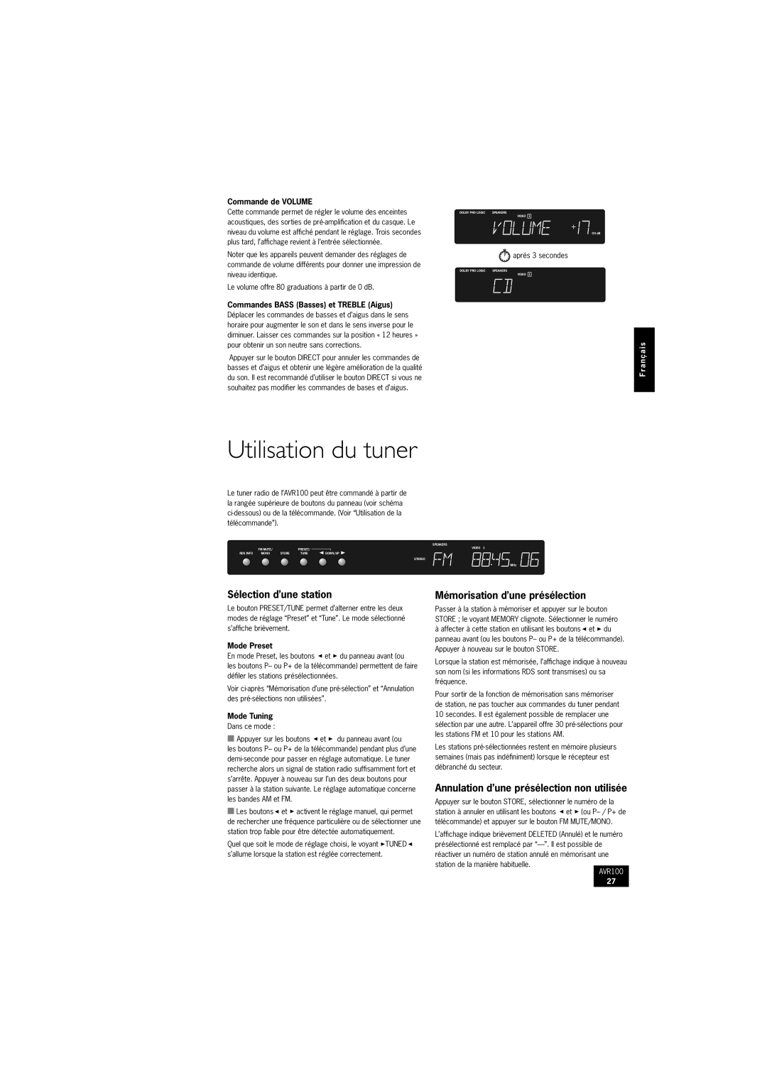 Arcam AVR100 manual Utilisation du tuner, Sélection d’une station, Mémorisation d’une présélection 