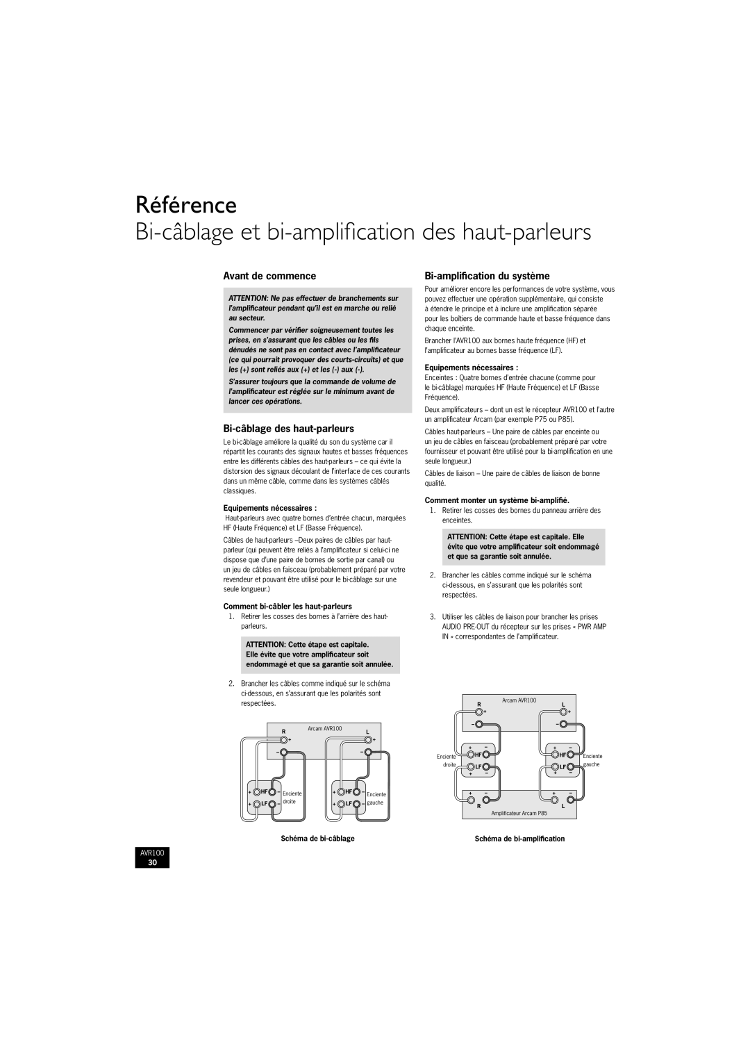 Arcam AVR100 manual Référence, Avant de commence, Bi-câblage des haut-parleurs 