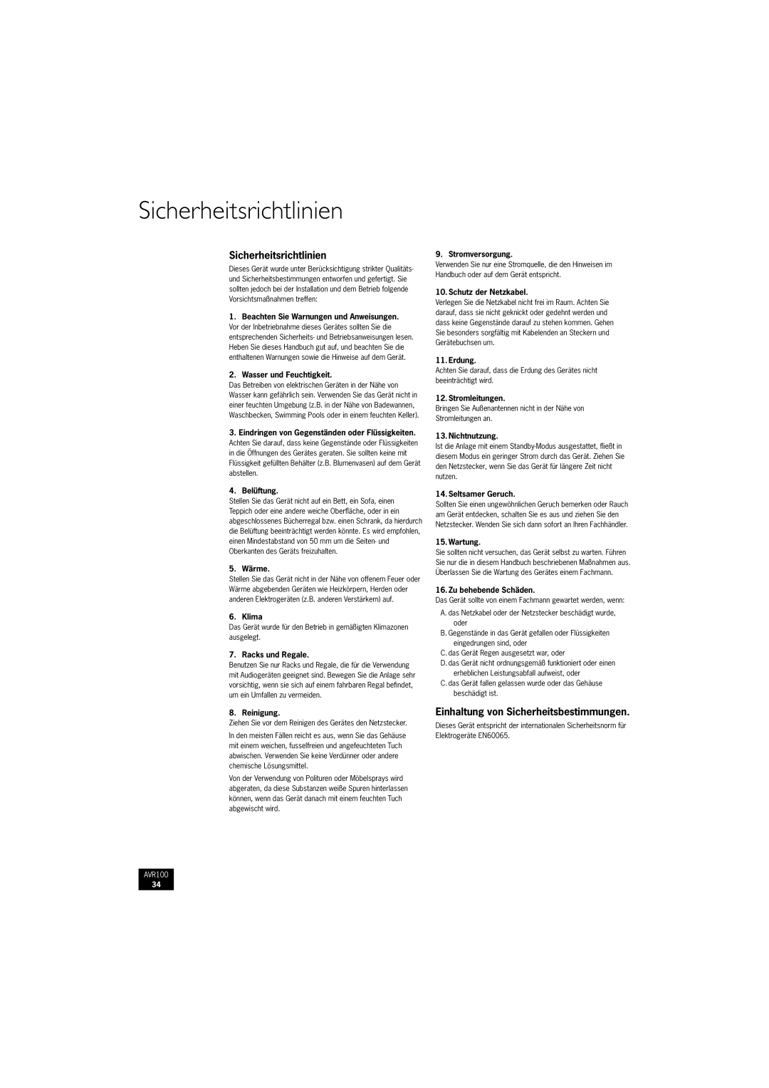 Arcam AVR100 manual Sicherheitsrichtlinien, Einhaltung von Sicherheitsbestimmungen 