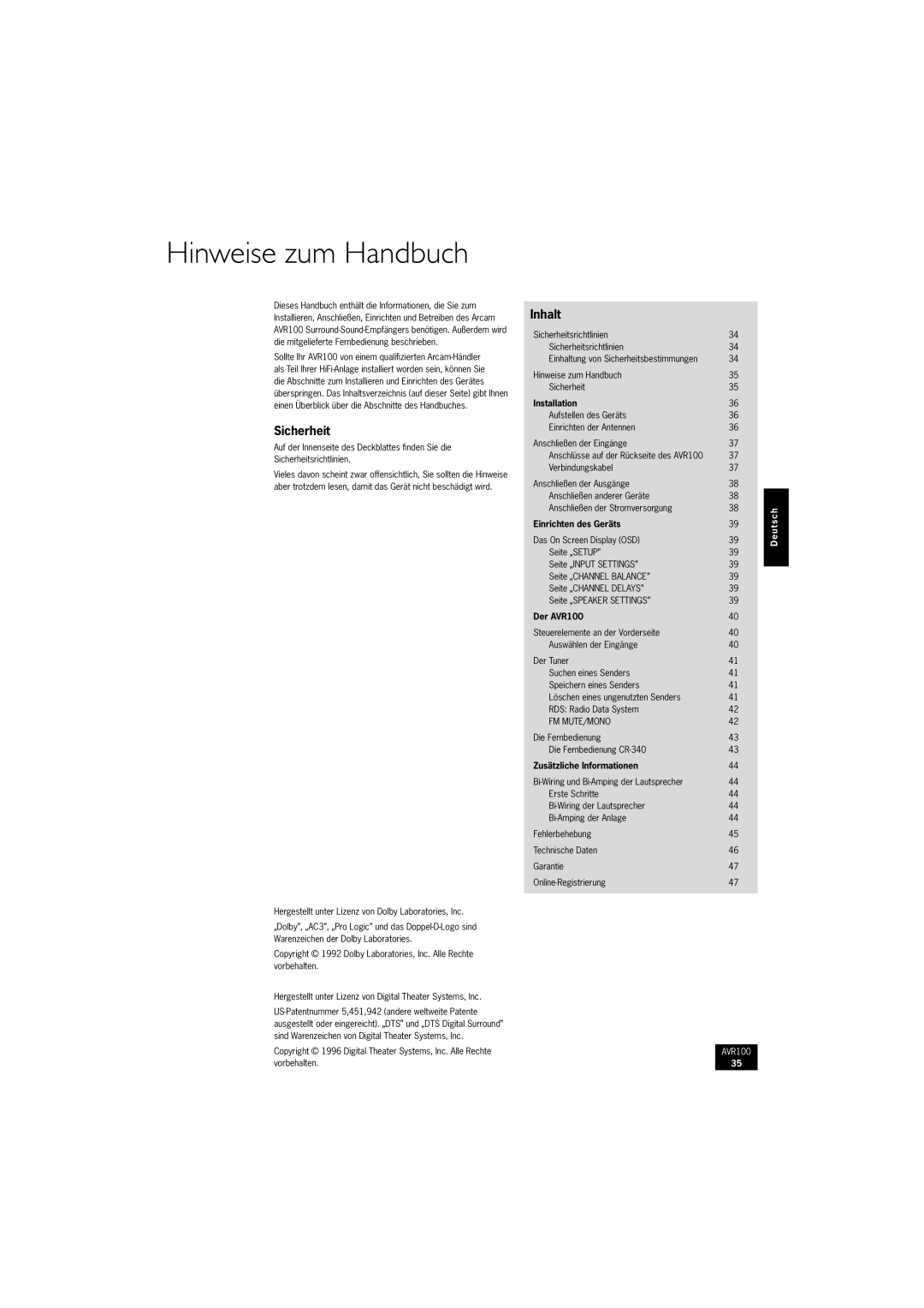 Arcam AVR100 manual Hinweise zum Handbuch, Sicherheit, Inhalt 