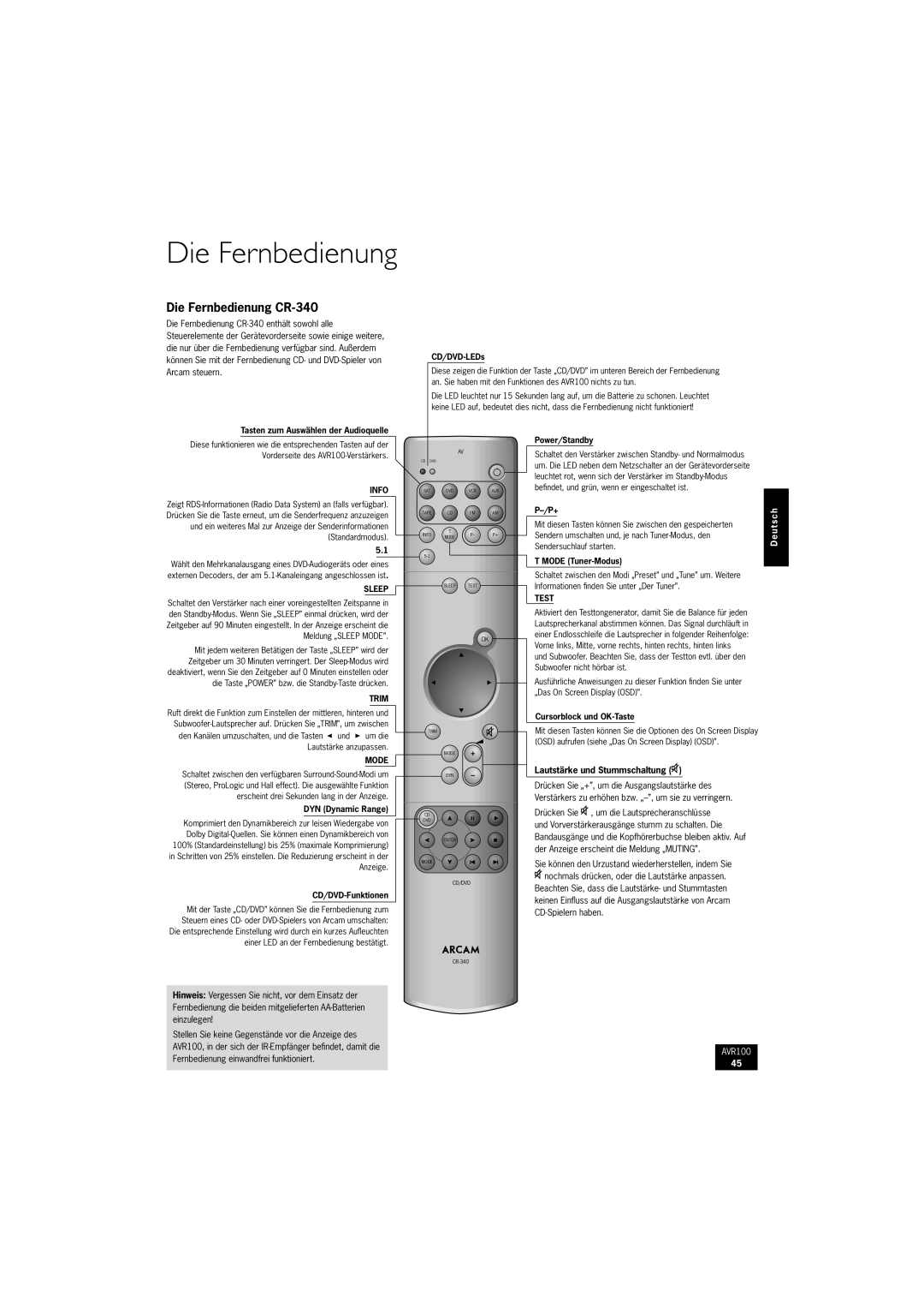 Arcam AVR100 manual Die Fernbedienung CR-340 