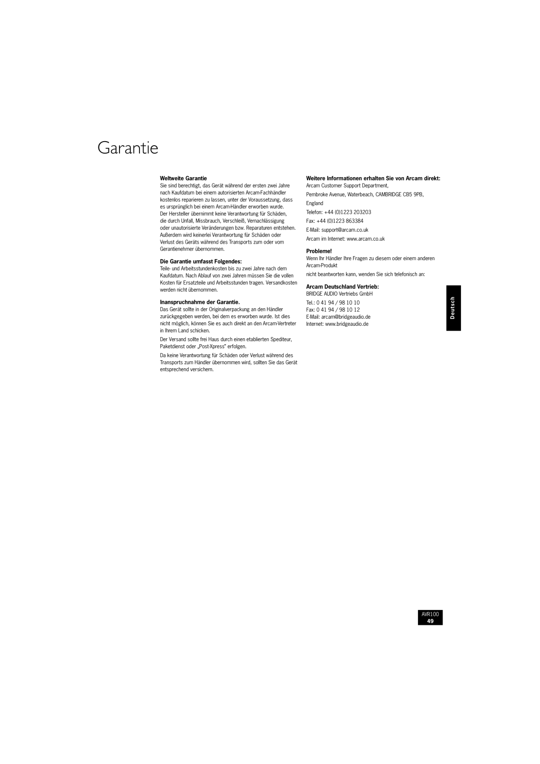 Arcam AVR100 manual Weltweite Garantie, Die Garantie umfasst Folgendes, Inanspruchnahme der Garantie, Probleme 