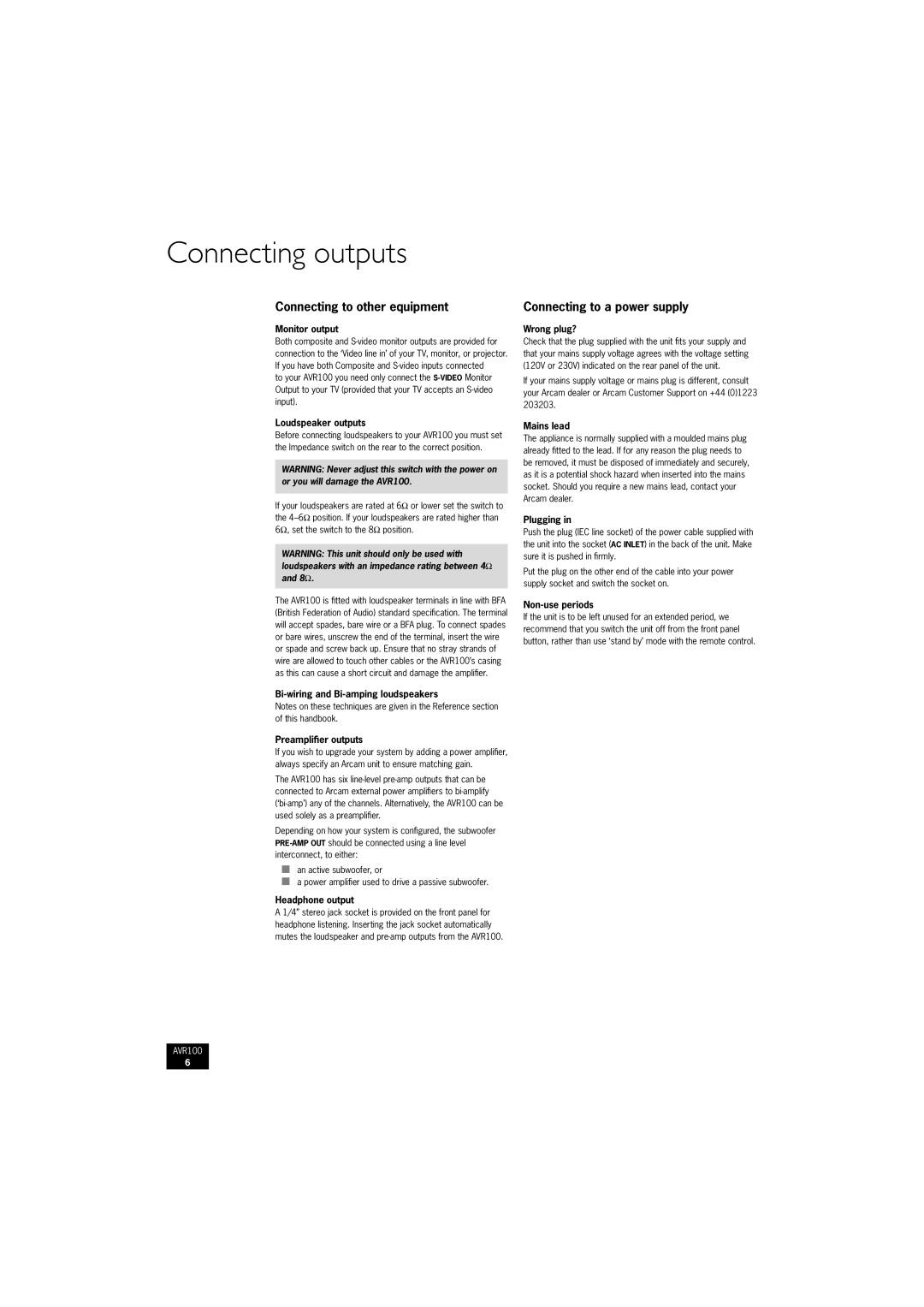 Arcam AVR100 manual Connecting outputs, Connecting to other equipment, Connecting to a power supply 