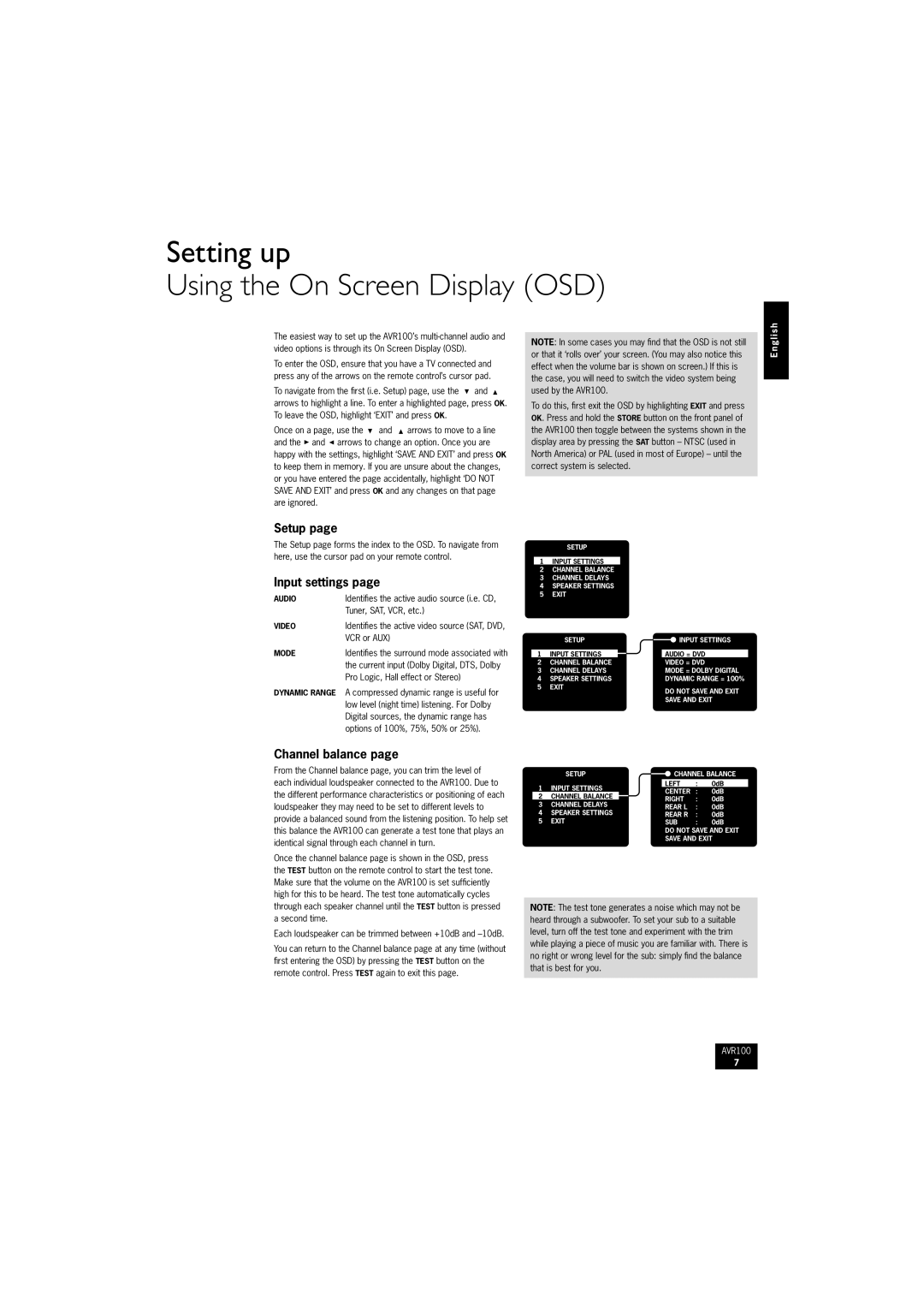 Arcam AVR100 manual Setting up Using the On Screen Display OSD, Setup, Input settings, Channel balance 