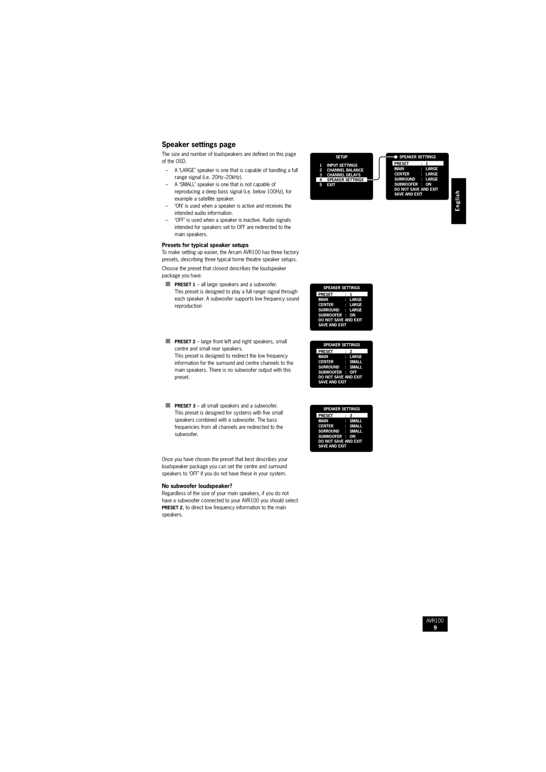 Arcam AVR100 manual Speaker settings, Presets for typical speaker setups, No subwoofer loudspeaker? 