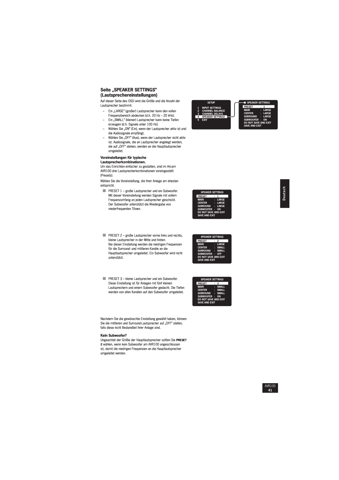 Arcam AVR100 manual Voreinstellungen für typische, Lautsprecherkombinationen, Kein Subwoofer?, D e u t s c h 
