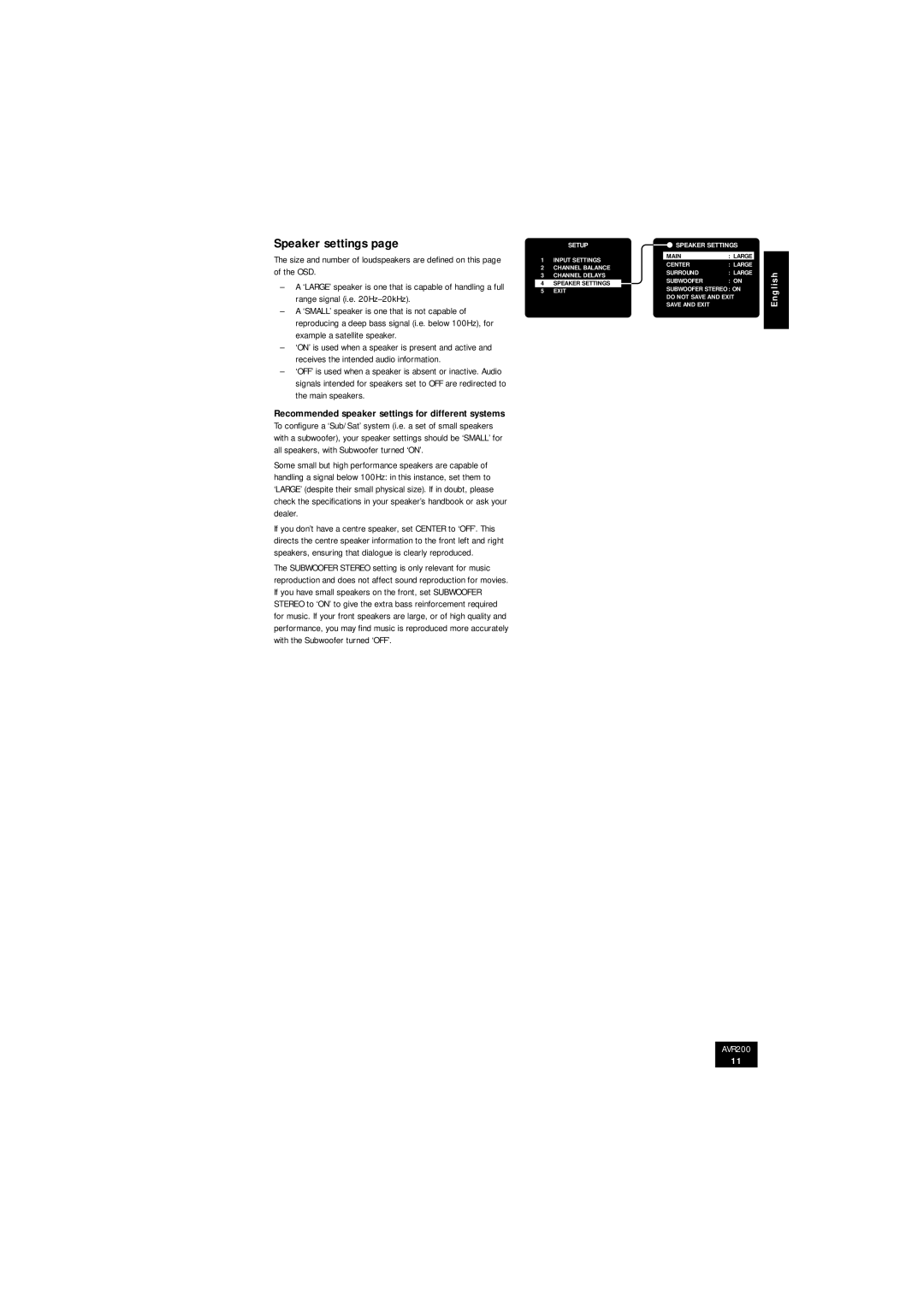 Arcam AVR200 manual Speaker settings, Recommended speaker settings for different systems 