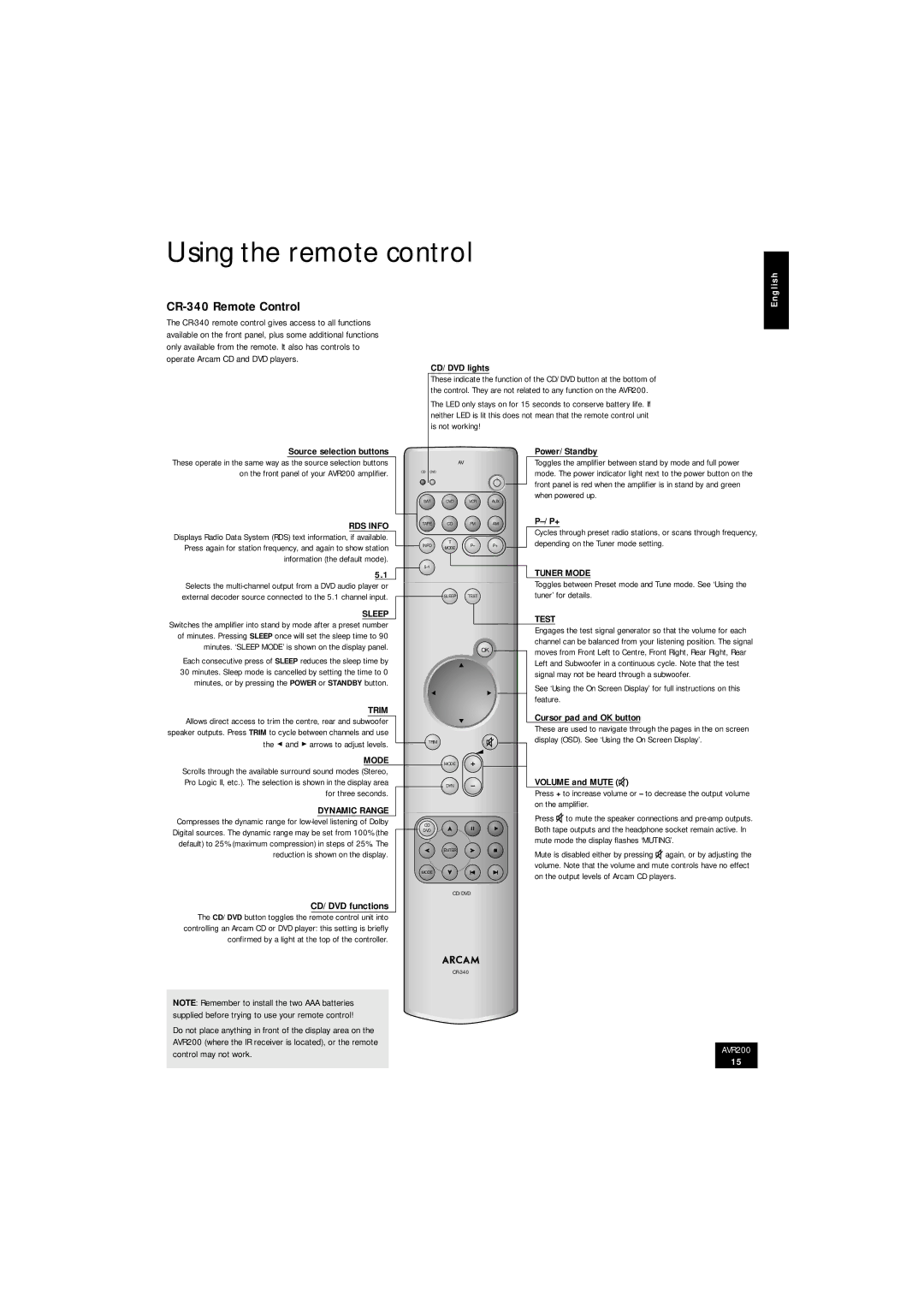 Arcam AVR200 manual Using the remote control, CR-340 Remote Control 